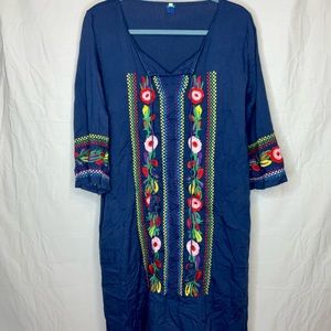 Dianyse Embroidered Blue Kaftan Embroidered Colorful Bright Floral w/ Pockets